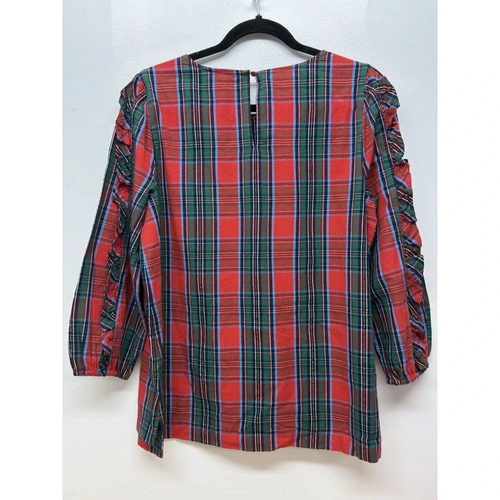 Crown & Ivy Red Tartan Plaid 3/4 Sleeve Blouse‎ Womens Large Ruffle Holiday #37